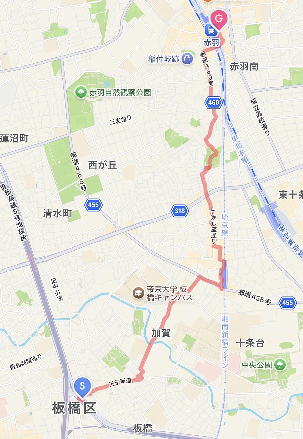 板橋区役所前駅から十条駅(けんぞう)経由、赤羽駅まで