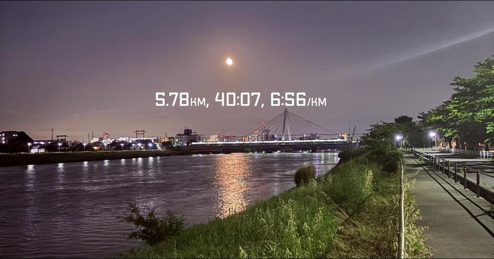 天気が良くて月明かりが夕日みたいに川をオレンジ色に照らしていた。
今日はPOLAR的インターバル。5分走って2分ジョグ、を3本。仕事終わりにこれをやるのは正直ちょっとしんどいけど、初めてやったときより回復が早かった気がする。なにより数少ないスピードを出すメニュー。普段のメニューはジョグがメインだから、ペースを上げられるのは楽しい。
それよりもランニングが終わってからやるストレッチみたいな筋トレみたいなメニューがキツかった。上半身の筋力が無さすぎてすぐプルプルしてくる。長く走るのに必要なことだろうから、軽くこなせるようになりたい。