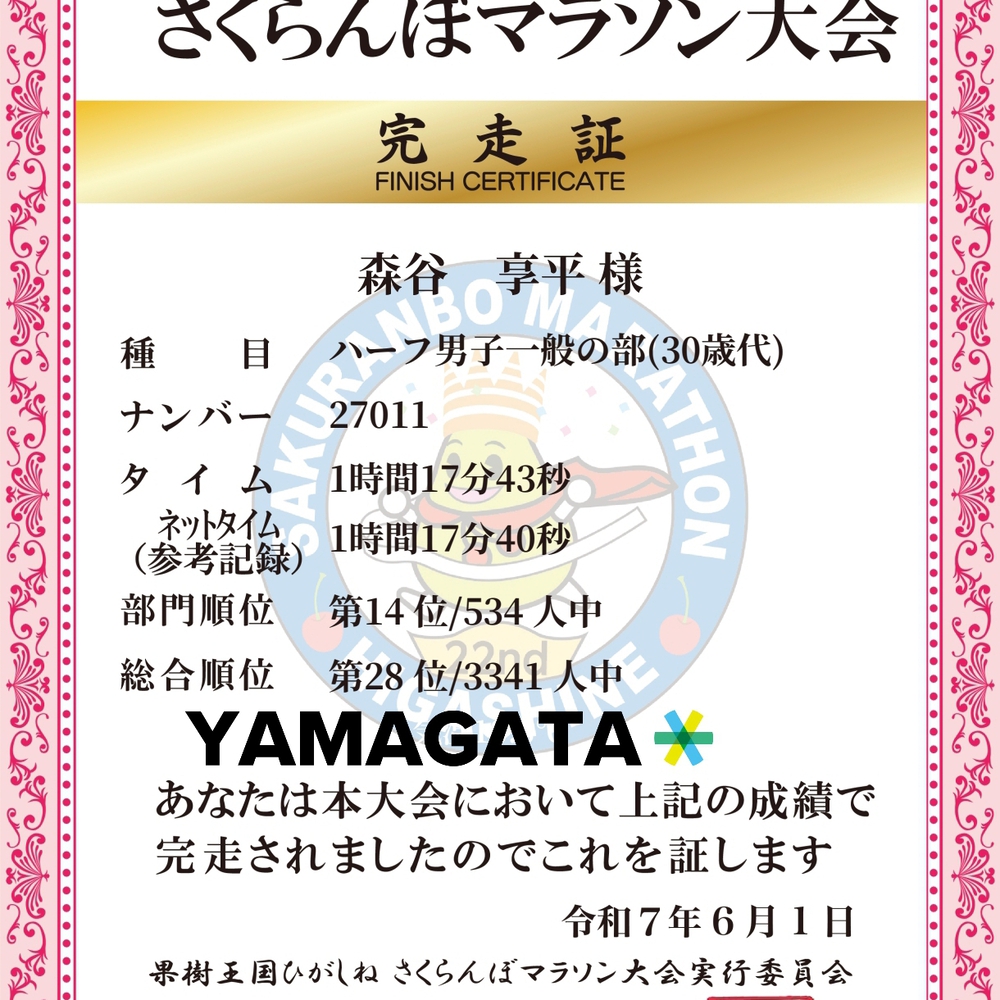 東根さくらんぼマラソン
8年ぶりにこの大会に参加しました✨
この大会は参加人数が多いですが、ハーフは相当タフなコースが特徴です‼️
3〜10kmで累積高低差100m近くの登りが続き、折返してからは一気に下り、最後1〜2kmで30m登るという難しいコースでした💦
今年になって出た大会では今回外したと思いましたが、年末年始まともに立ち上がれなかった頃からするとこれでも大分マシな気になれます✨
とか言いつつ今週末もレースっていう😓